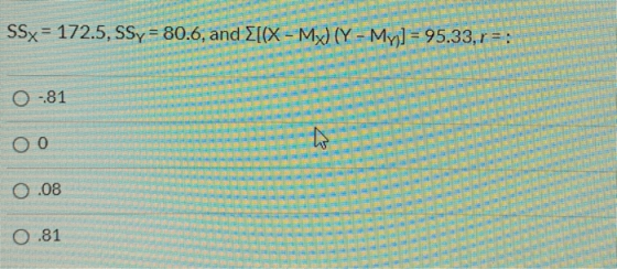 SSx = 172.5, SSy = 80.6, and E[(X - My) (Y - Myj] = 95.33, r = : 0 -81 оо ho O .08 0.81