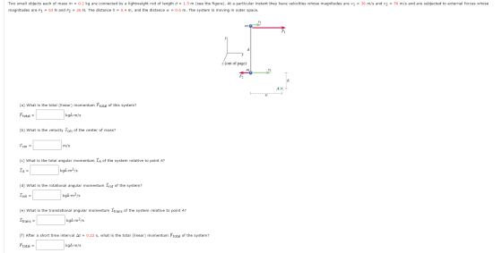 Two small objects each of mass m = 0.2 kg are conn