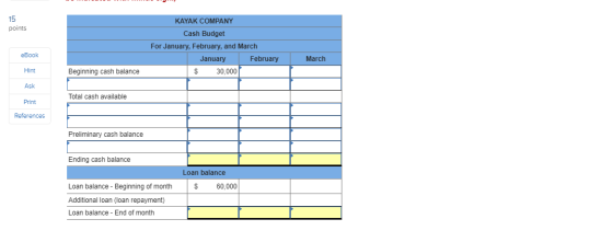points KAYAK COMPANY Cash Budget For January, February, and March January February $ 30,000 eBook March Hint Beginning cash b