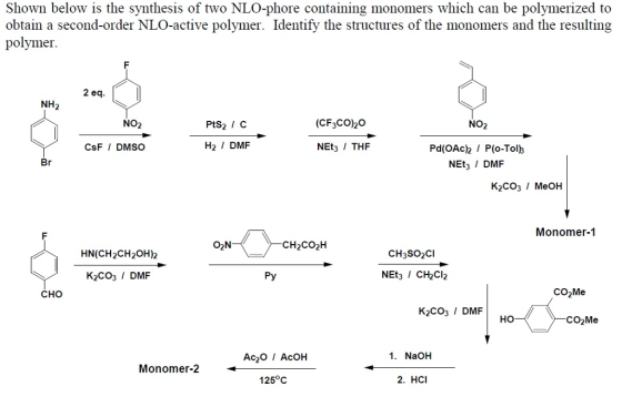 Shown below is the synthesis of two NLO-phore containing monomers which can be polymerized to obtain a second-order NLO-active polymer. Identify the structures of the monomers and the resulting polymer. 2 eq NO2 PtS2 1 C (CF3CO20 NO2 CsF I DMSO H2 DMIF NEt3 / THF NEt DMF K2CO3 / MeOH Monomer-1 CH2CO2H HN(CH2CH2OH)2 CH3SO2CI K2CO3 / DMF ?? NEt3 CH2Cl2 CHO CO2Me K2CO3 / DMF CO2Me Ac2O / AcOH 1. NaOH Monomer-2 125°C 2. HCI