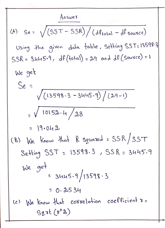 Answer | CA) Se= V(SST - SSR) / (of total – df sousce) using the given data table, Setting SST=13598-3| SSR = 3445.9, df (tot