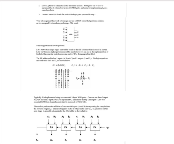 Draw a gate-level schematic for the fall-adder module. XOR gates can be used to usplement Sotput; two levels ofNAND ples are