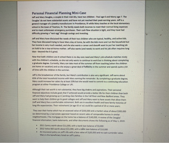 Personal Financial Planning Mini-Case Jeff and Mary Douglas, a couple in their mid-30s, have two children - Paul age 6 and Ma