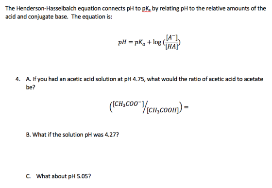 The Henderson-Hasselbalch equation connects pH to pk, by relating pH to the relative amounts of the acid and conjugate base.
