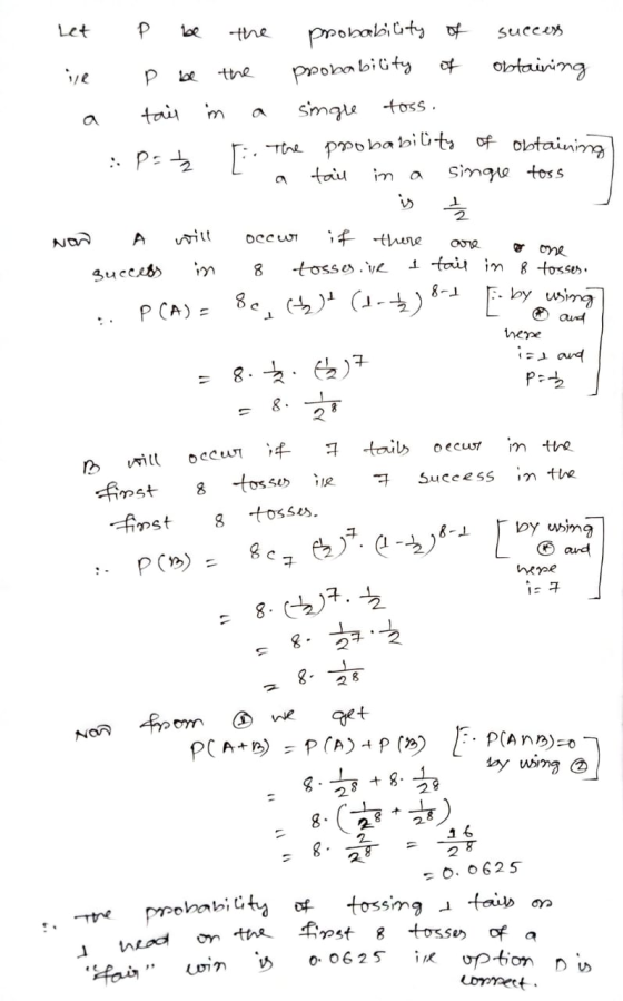 Let P lee success probability of probability P tain m P = ₂ the obtaining single toss. [ The probability of obtaining tail in
