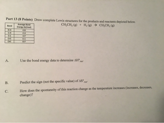 Part 13 (8 Points) Draw complete Lewis structures for the products and reactants depicted below. Average Bond CH,CH2(g) + H2(