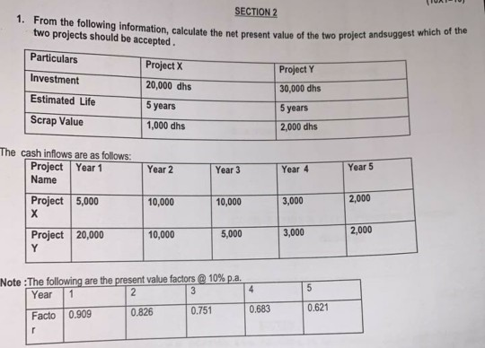 TUTO SECTION 2 1. From the following information, calculate the net present value of the two pro two projects should be accep