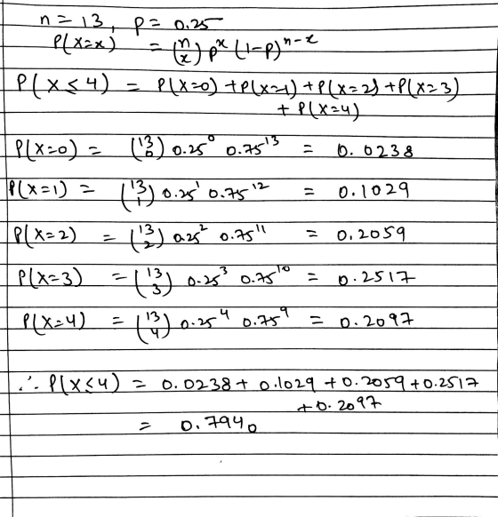 t n=13, p= 0.25 P(x=x) pr (1-P) 2 TP(XS4) = P(X=0) + P(x-1) + P(X=2) + P(X23) -t plX24) P[X20) - (2) 0.25 0.755 = 0.0238 P(