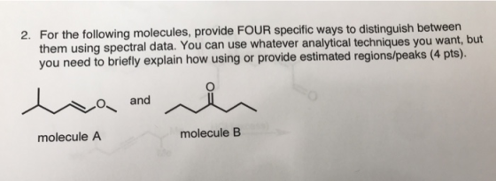 For the following molecules, provide FOUR specific ways to distinguish betweern them using spectral data. You can use whateve