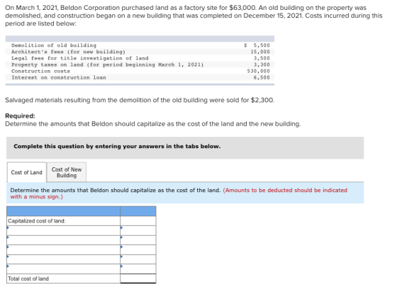 On March 1, 2021, Beldon Corporation purchased land as a factory site for $63,000. An old building on the property was demoli