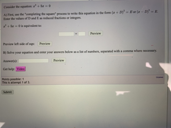 Consider the equation: +5 0 A) First, use the completing the square process to write this equation in the form (z + D-orD)
