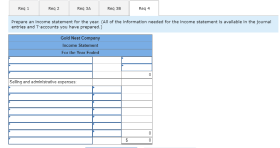 Req 1 Req 2 Req 3A Req 3B Req 4 Prepare an income statement for the year. (All of the information needed for the income statement is available in the journal entries and T-accounts you have prepared.) Gold Nest Company Income Statement For the Year Ended Slling and administrative expenses