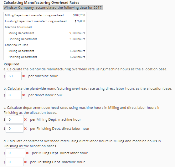 Calculating Manufacturing Overhead Rates Windsor Company, accumulated the following data for 2017: Milling Department manufac