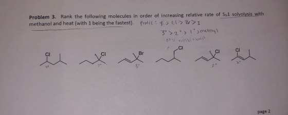 Problem 3. Rank the following molecules in order of increasing relative rate of Sn1 solvolysis with methanol and heat (with 1