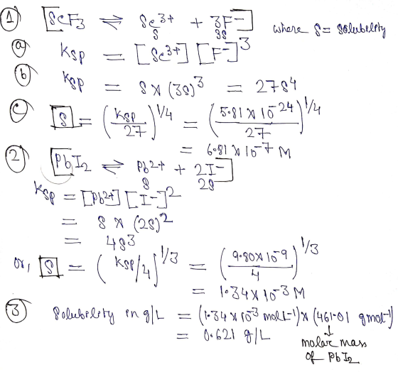 ® Beta Set + 3 where 8= solubility @ Ksp = [$3+] [F]! 0 kop = $x (38)3 = 2784 @ h= (here you = ($300432 = 6081 2107 M = 8 * (
