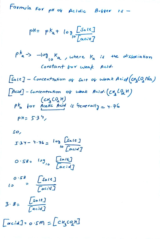 Formula for pH or acidic Buffer is - pH = pkat log [salt] • [acia] Pra-> -log ka, where Ka is the dissociation Constant for w