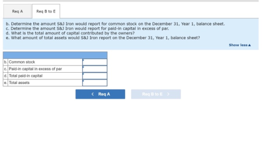 Reg A Req B to E b. Determine the amount S&J Iron would report for common stock on the December 31, Year 1, balance sheet. c.