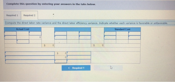 Complete this question by entering your answers in the tabs below. Required 1 Required 2 Compute the direct labor rate varian