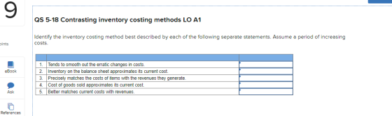 9 QS 5-18 Contrasting inventory costing methods LO A1 Identify the inventory costing method best described by each of the fol