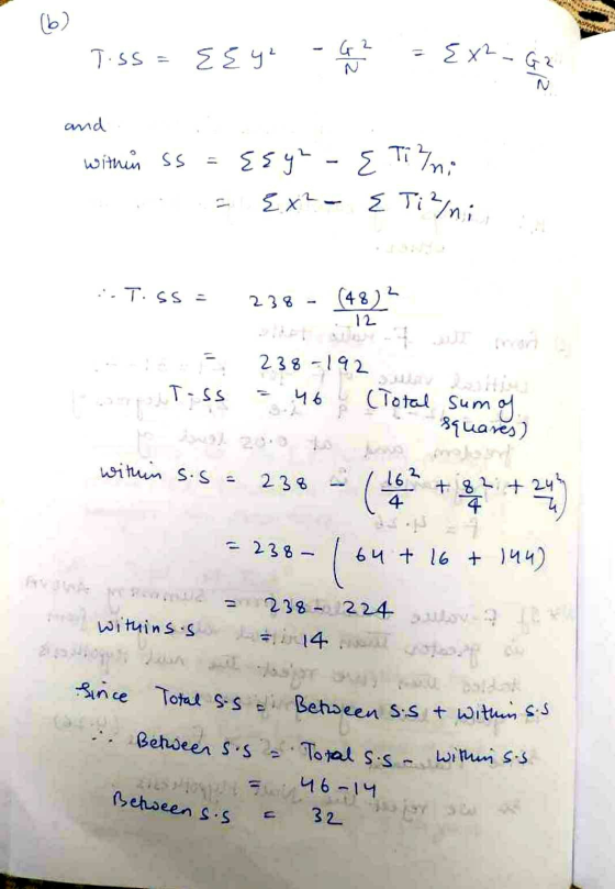 (6) G2 T.SS = EEye - {X² - G2 and within ss E Tini Eye Ex² - { Tizni ..T.SS 238 (4824 238 - 192 T-ss 46 بیان (Total sum of sq