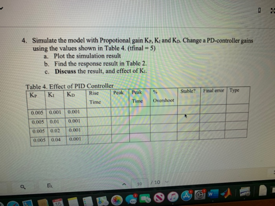 4. Simulate the model with Propotional gain Kp, K, and Kp. Change a PD-controller gains using the values shown in Table 4. (t