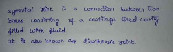 synovial Joint is a connection between two bones consisting of a contilage lined cavity filled with fluid. It is also known a