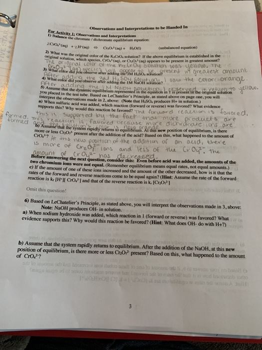Oservations and laterpretations to be Handed In For Activity 1: Ohr s and Interpretations Halance the che dich beim 200 ) ZH)