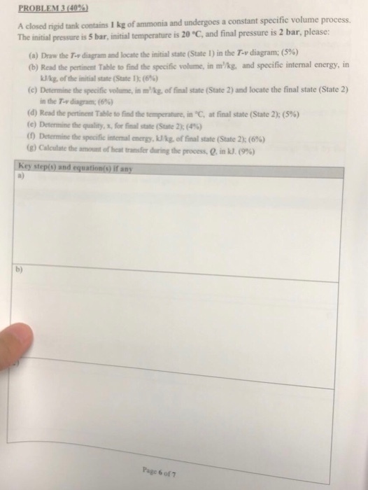PROBLEM 3 (40 A closed rigid tank contains 1 kg of ammonia and undergoes a constant specific volume process The initial pressure is 5 bar, initial temperature is 20 C, and final pressure is 2 bar, please: (a) Draw the T-, diagram and locate the initial state (State l) in the T-v diagram; (5%) (b) Read the pertinent Table to find the specific volume, in mkg, and specific internal energy, in (c) Determine the specific volume, in mkg, of final state (State 2) and locate the final state (State 2) ofthe initial state (State Tk (656) in the T-r diagram (66) (d) Read the pertinent Table to the temperature, in °C at final state (State 2); (5%) (c) Determine the quality, x, fr final state (State 2k (4%) (f) Determine the specific internal energy, kng, offinal state (State 2); (6%) (g) Calculate the mindheat tnsfe-ing the process, e in k. (95) s) and equation(s) a) b) Page 6 of 7