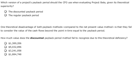 Which version of a projects payback period should the CFO use when evaluating Project Beta, given its theoretical superiorit
