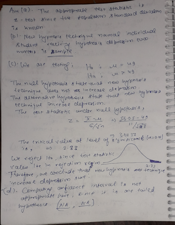 Aus (a). The appropriate test statistic pion &tendard devicelion 2 - test population stein dasd a since the is known. (bl. Ne