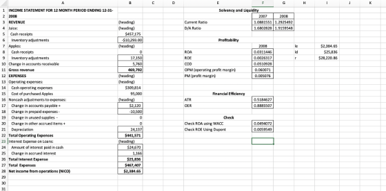 Solvency and Liquidity 1 INCOME STATEMENT FOR 12 MONTH PERIOD ENDING 12-31 2 2008 3 REVENUE 4 Juice 5 Cash receipts 6 Inventory adjustments 7 Apples: 8 Cash receipts 9Inventory adjustments 10 Change in accounts receivable 11 Gross revenue 12 EXPENSES 13 Operating expenses: 14 Cash operating expenses 15 Cost of purchased Apples 16 Noncash adjustments to expenses: 17 Change in accounts payable+ 18 Change in prepaid expenses 19 Change in unused supplies - 20 Change in other accrued items + 21 Depreciation 22 Total Operating Expenses 23 Interest Expense on Loans: 24 Amount of interest paid in cash 25 Change in accrued interest 26 Total Interest Expense 27 Total Expenses 28 Net income from operations (NICO) 2007 1.0881551 1.2925492 1.6802828 1.9159548 2008 (heading) (heading) Current Ratio D/A Ratio $457,175 $10,293.00 Profitability (heading) $2,384.65 $25,836 $28,220.86 2008 0.0311446 0.0026317 0.0510928 0.060071 0.005076 ROA ROE 17,150 5,760 469,792 OPM (operating profit margin) PM (profit margin) (heading) (heading) $309,814 95,000 Financial Efficiency 0.5184627 0.8885507 $2,120 10,500 OER Check Check ROA using WACC Check ROE Using Dupont 0.0494072 0.0059549 24,137 $441,571 $24,670 1,166 $25,836 $467,407 $2,384.65