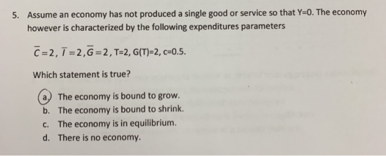 5. Assume an economy has not produced a single good or service so that Y=0. The economy however is characterized by the follo