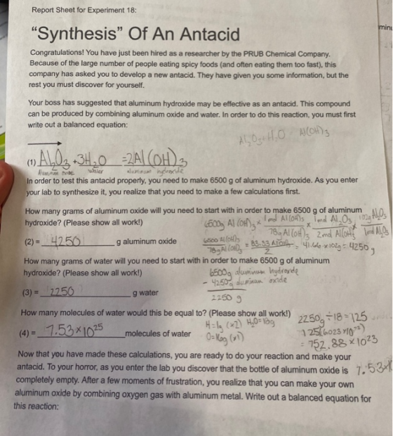 Report Sheet for Experiment 18: mini “Synthesis Of An Antacid Congratulations! You have just been hired as a researcher by t