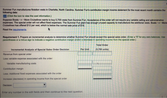 Summer Fun manufactures flotation vests in Charlotte, North Carolina. Summer Funs contribution margin income statement for t