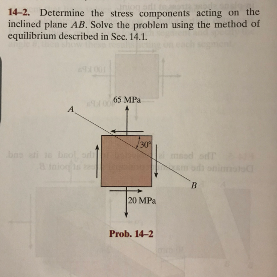 14–2. Determine the stress components acting on the inclined plane AB. Solve the problem using the method of equilibrium desc