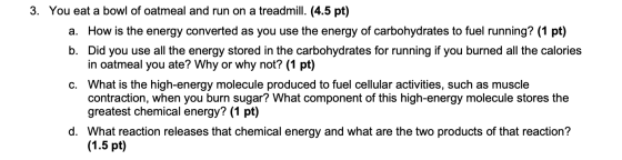 3. You eat a bowl of oatmeal and run on a treadmill. (4.5 pt) a. How is the energy converted as you use the energy of carbohy