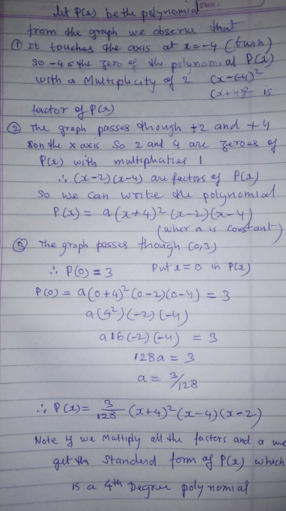 Date: ut pca bethe pdynomia trem the graph Et touchas he axis we obseru thal at re-y Ctush). So -4 & the aro e he pelunamial