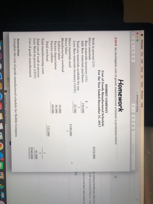 Preview File Edit View Go Tools Window Help principles w.lpg Homework E19-9 An incomplete cost of goods manufactured schedule
