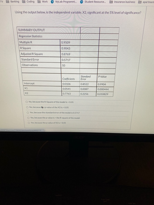 TV Banking Coding Work MyLab Programmi.. Student Resource... Insurance business apartment Using the output below, is the inde