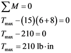 ΣΜ = 0
Τρας -(15)(6+8) = 0
To - 210 = 0
Τ. = 210 Ib-in
