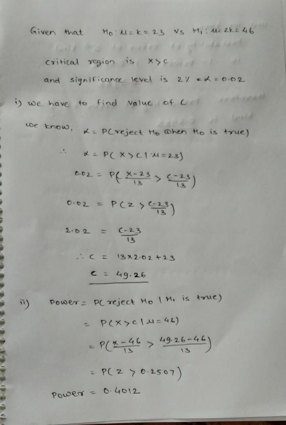 Given that Ho: M=k=23 vs Hi: M= 262 46 critical region is cut and significance level is 2% = 2 = 0.02 i we have to find value