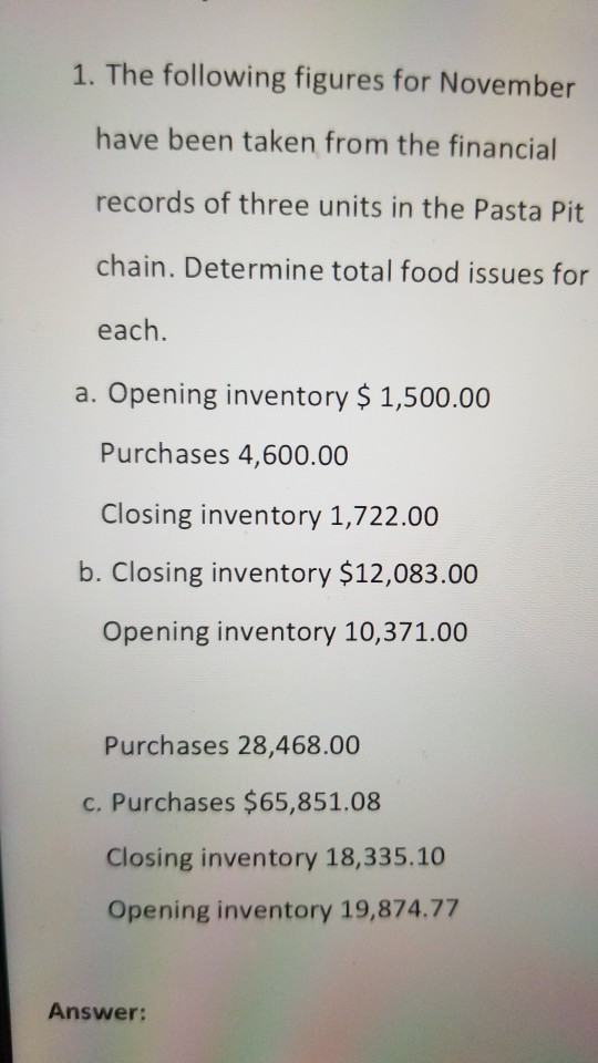 1. The following figures for November have been taken from the financial records of three units in the Pasta Pit chain. Deter