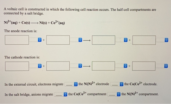 A voltaic cell is constructed in which the following cell reaction occurs. The half-cell compartments are connected by a salt