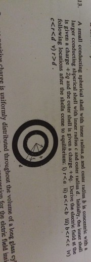 13. A small conducting spherical shell with inner radius a and outer radius b is larger conducting shperical shell with inner radius c and outer radius d. Initially, the inner shell is given a charge +2q and the outer shell is given a charge +4q. Derive the electric field at the following locations after the shells come to equilibrium: D rca i) acreb ii) ber<c w) ic with & ire charre is uniformly distributed throughout the volume of a long glass cy arsion for the elctric field insi