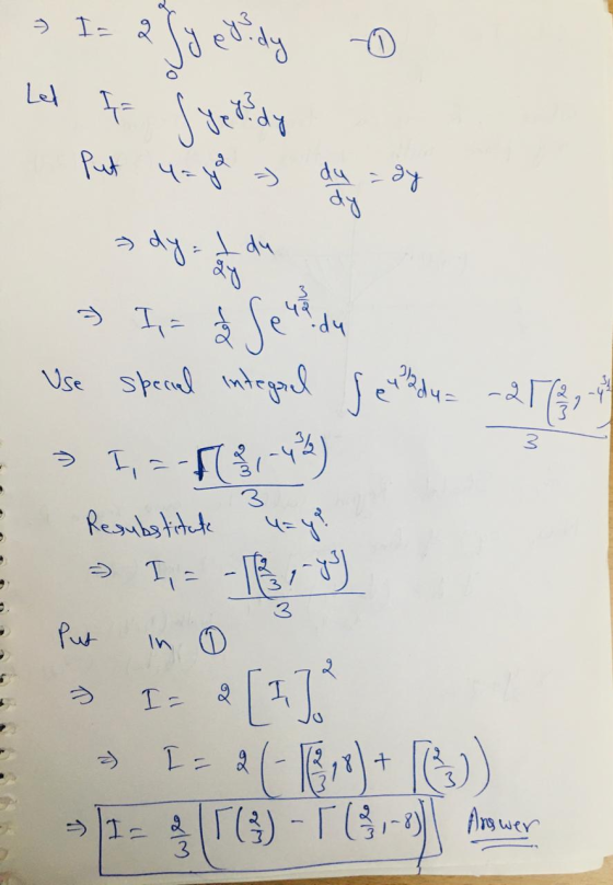 > I- 0 egy evady Syeddy Put 4= 4 =) du dy gy dy I du > I= ody L & Se Use special integral de la duz -2 1,=- FC8,-43) Resubsti