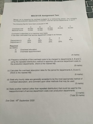 40.000 MACO1US Assignment Two Mange preparing overhead tutor a forthcoming period The company has three production department