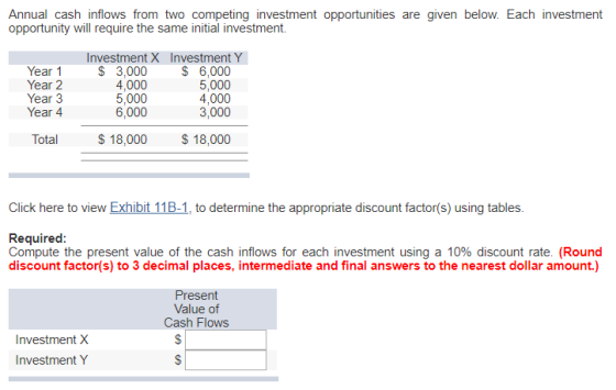 Annual cash inflows from two competing investment opportunities are given below. Each investment opportunity will require the