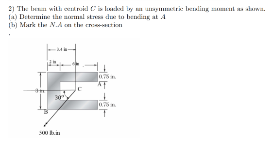 2) The beam with centroid C is loaded by an unsymmetric bending moment as shown. (a) Determine the normal stress due to bendi