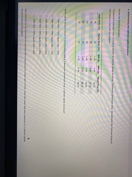 4. Determining the optimal capital structure Review the following situation: Transworld Consortium Corp. is trying to identif