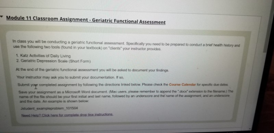 Module 11 Classroom Assignment - Geriatric Functional Assessment In class you will be conducting assessment. Specif use the following two tools (found in your textbook) on dlients your instructor provides a geriatric functional assessment. Specifically you need to be prepared to conduct a brief health history and clients your instructor provides. 1. Katz Activities of Daily Living 2 Geriatric Depression Scale (Short Form) At the end of the geriatric functional assessment you will be asked to document your findings Your instructor may ask you to submit your documentation. If so, Submit yoer completed assignment by following the directions linked below Please check the Course Calendar for speaific due dates. Save your assignment as a Microsoft Word document. (Mac users, please remember to append the docx extension to the filename.) The name of the file should be your first initial and last name, followed by an underscore and the name of the assignment, and an underscore and the date. An example is shown below Jstudent exampleproblem 101504 Need Help? Click bere for complete drop box instructions.